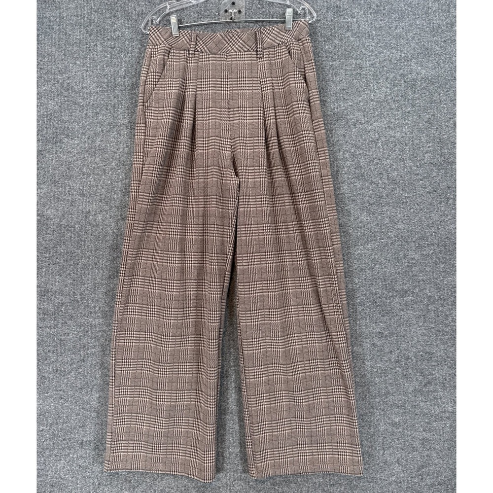 Halara Wide Leg Pants Womens Medium Tall Brown Plaid Pleated High Rise Pull On